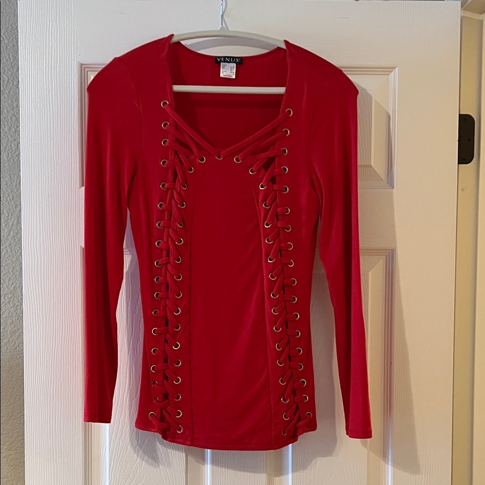 VENUS Bold Red Lace-Up Blouse
